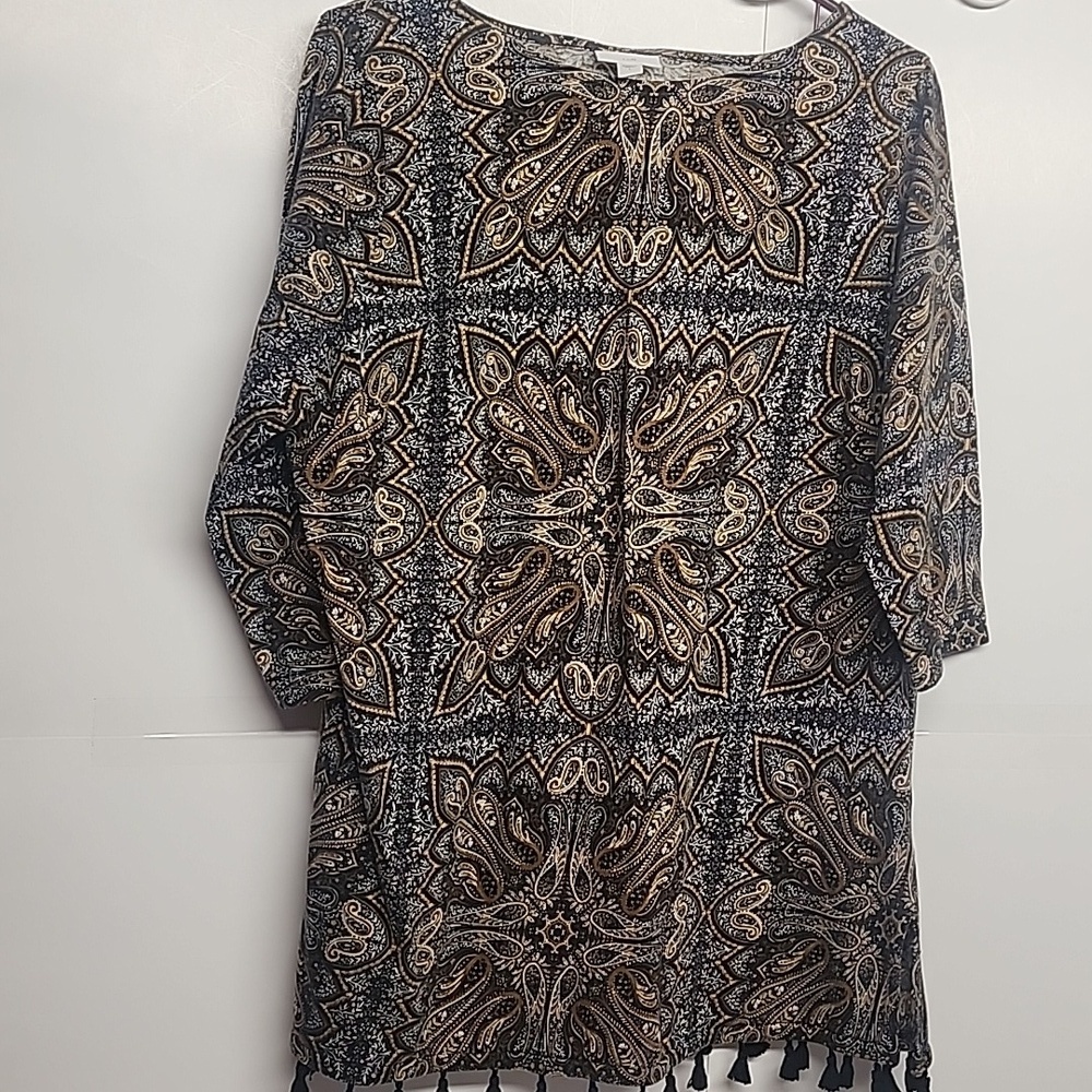 J. Jill Black and Gold Paisley Hippie Soft Cotton Blend Tunic Boho Sz L India